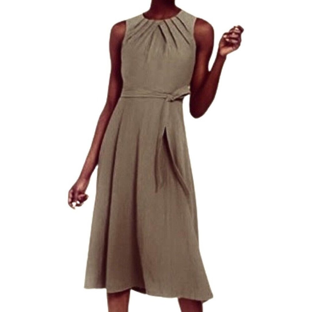 Calvin Klein Sleeveless Pleated V-Neck  A-Line Belted Knit Midi Dress Sz 14